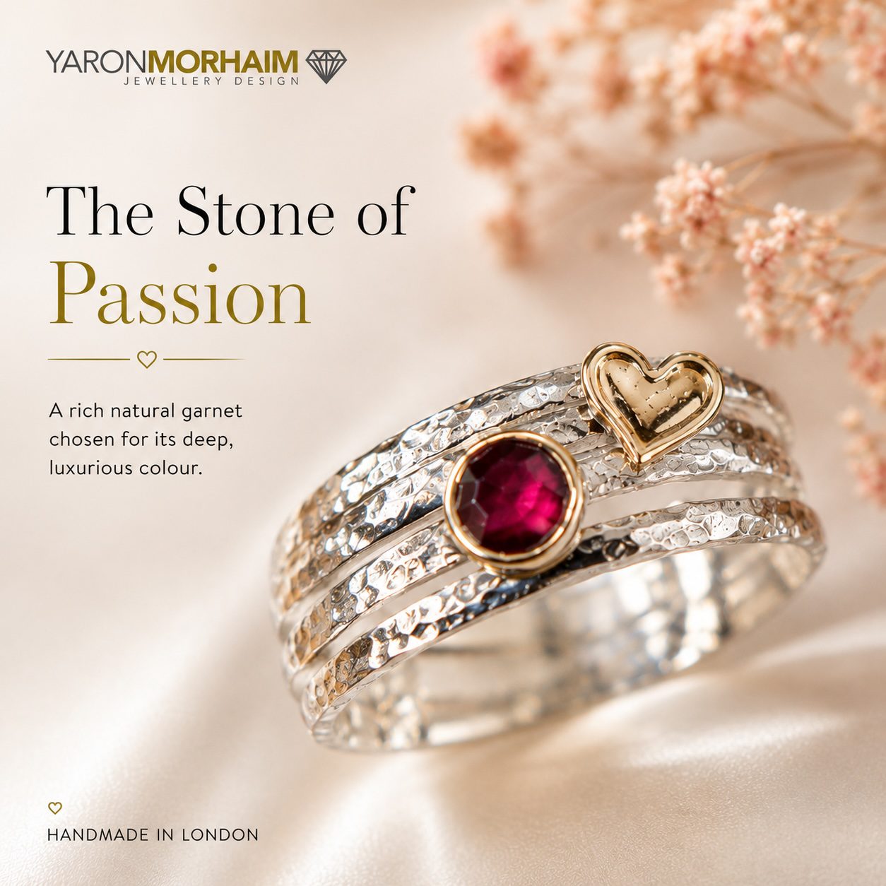Handmade sterling silver and gold garnet ring crafted in London