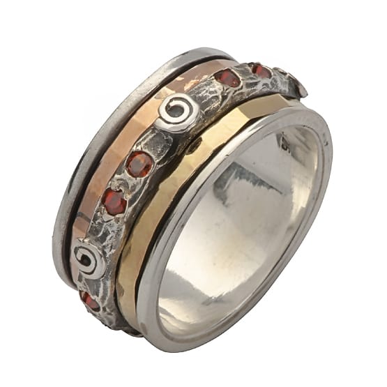 Spinning Silver Gold Ring With Round Garnet Gems