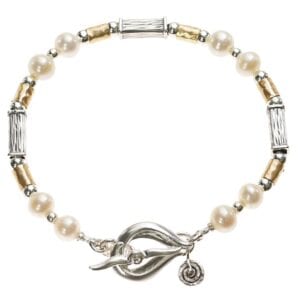 White Pearl Hammered Silver Gold Bracelet