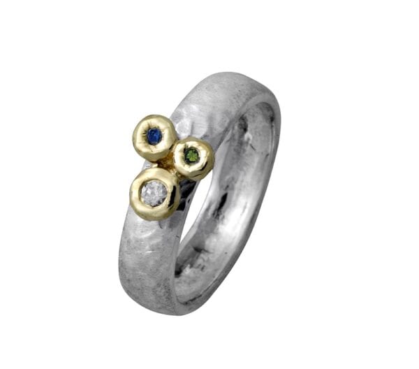 Silver Gold Ring With Multi Colour Diamonds
