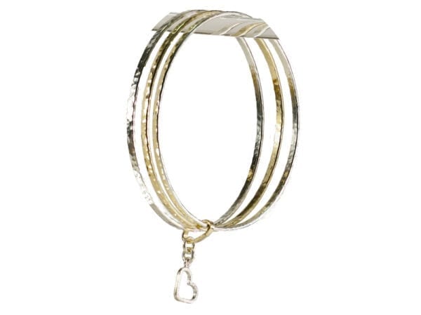 Triple Silver Gold Bangle With Heart Charm