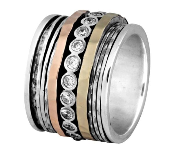 Broad Silver Gold Spinning Ring With CZ