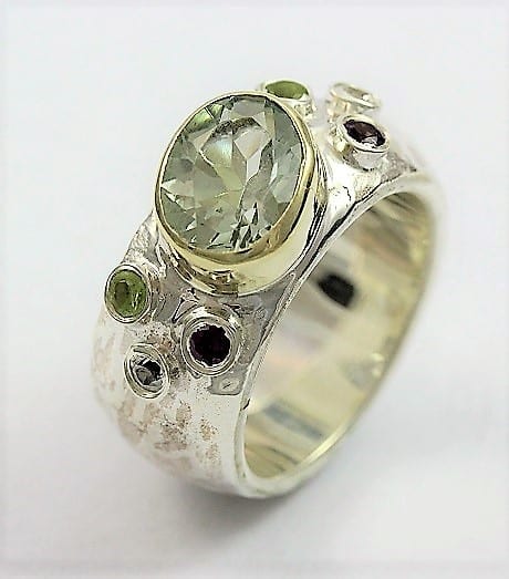 handmade green amethyst ring in sterling silver and gold