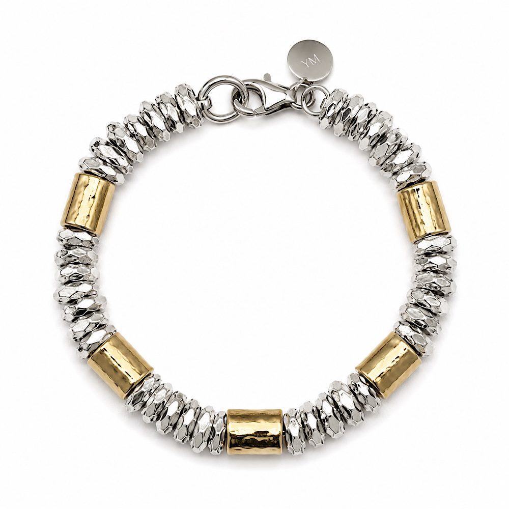 Three tone silver and gold handmade bracelet with intertwined mixed metal links
