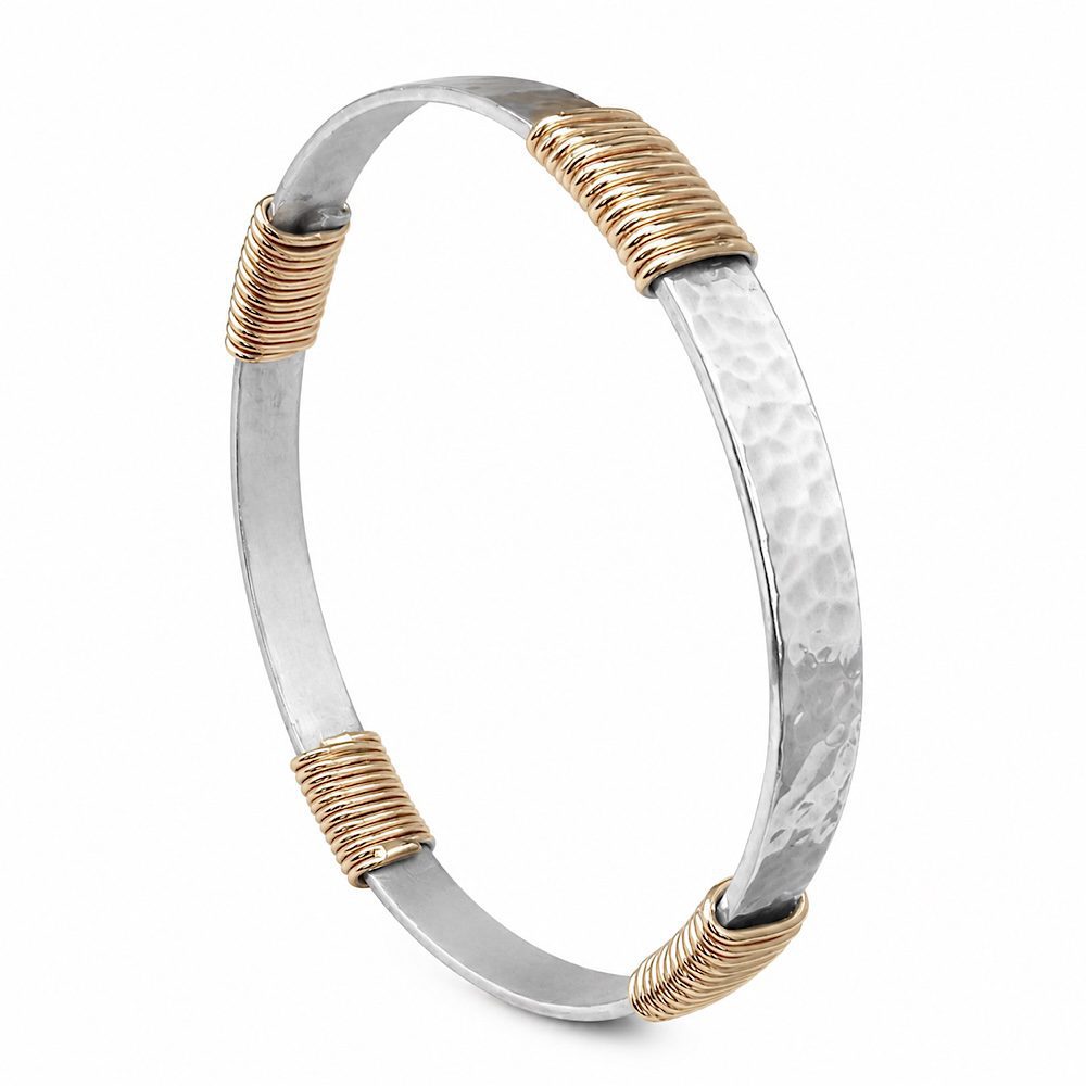 Silver and gold hammered bangle handcrafted in sterling silver with yellow gold vermeil finish