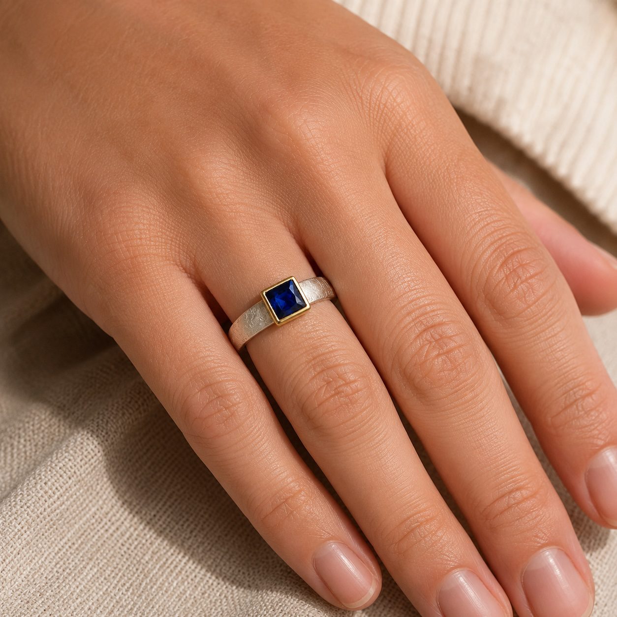 Blue Sapphire Ring Worn on the Hand