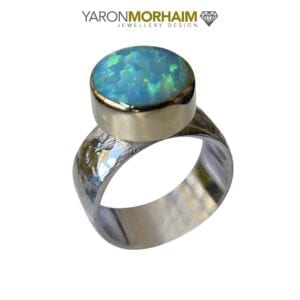 Silver & Gold Hammered Round Opal Ring