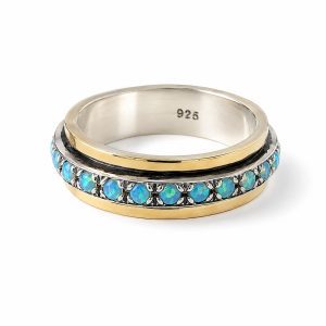 Handmade silver and 9K gold opal spinning ring with natural opal gemstone