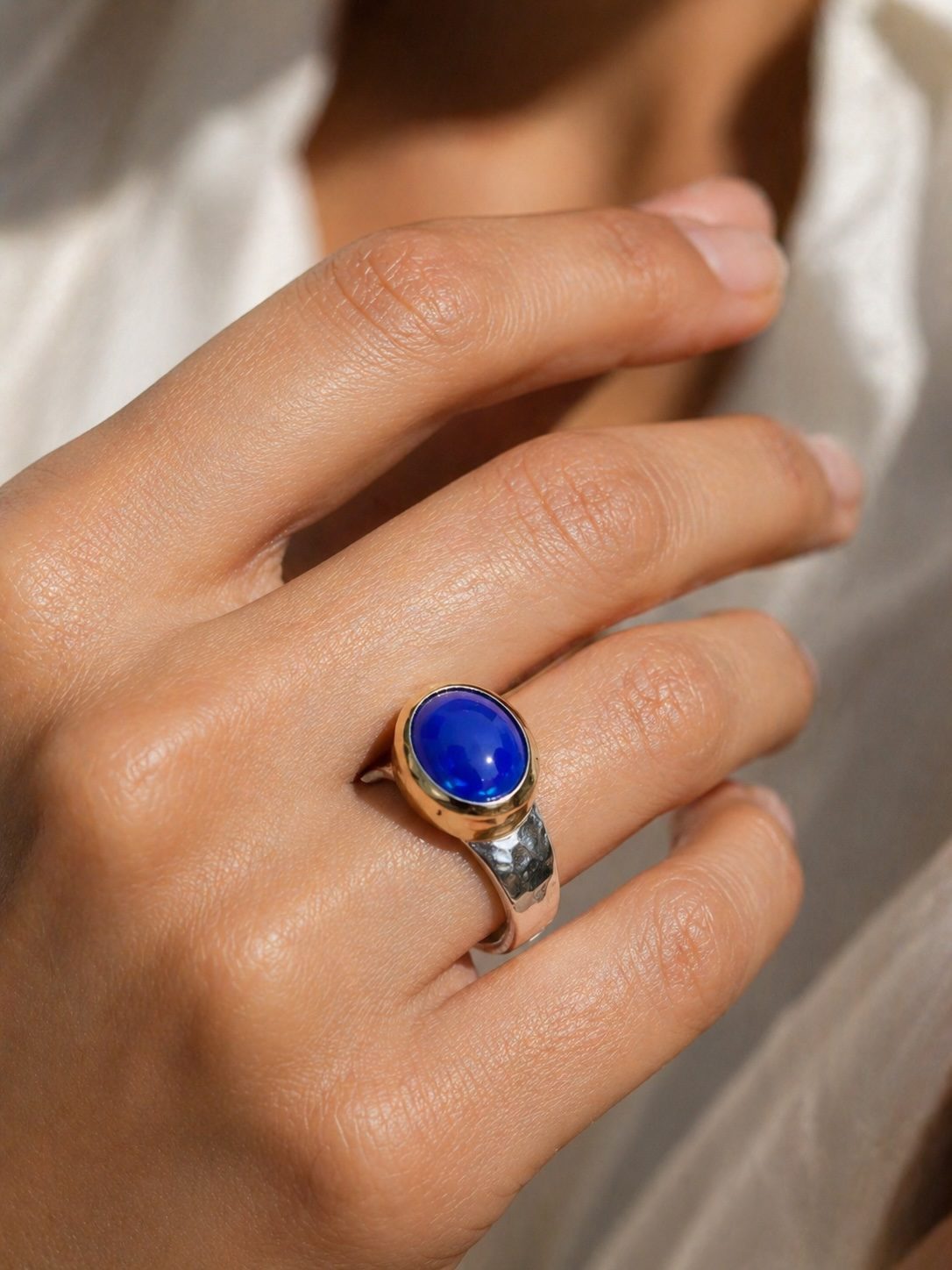 Blue opal silver and gold handcrafted statement ring