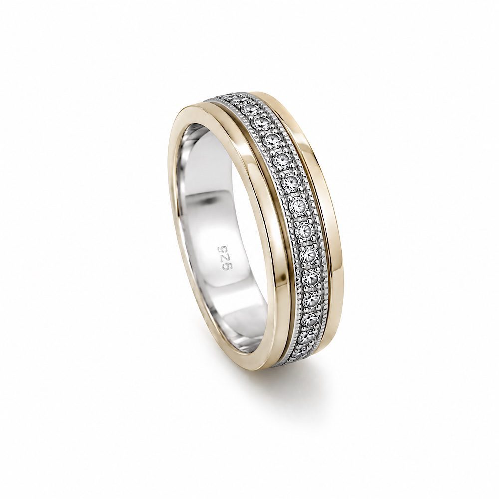 Sterling silver and gold spinning ring with sparkling cubic zirconia channel set band on white background