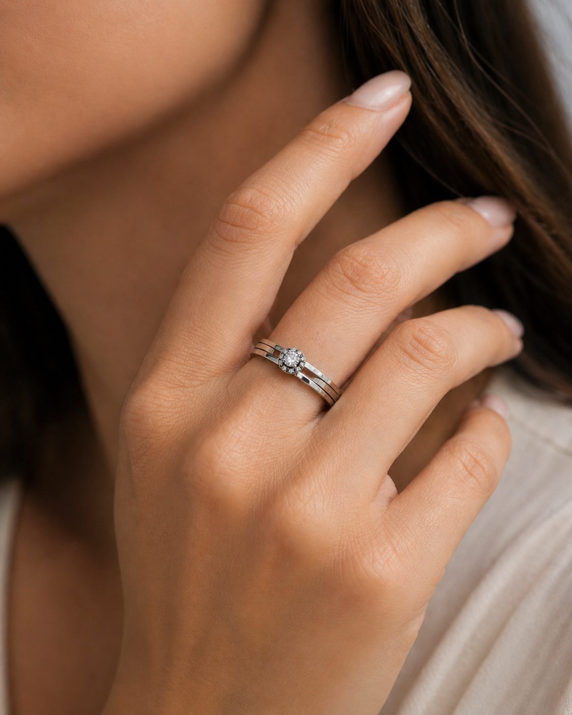 Luxury white CZ spinning ring worn on hand