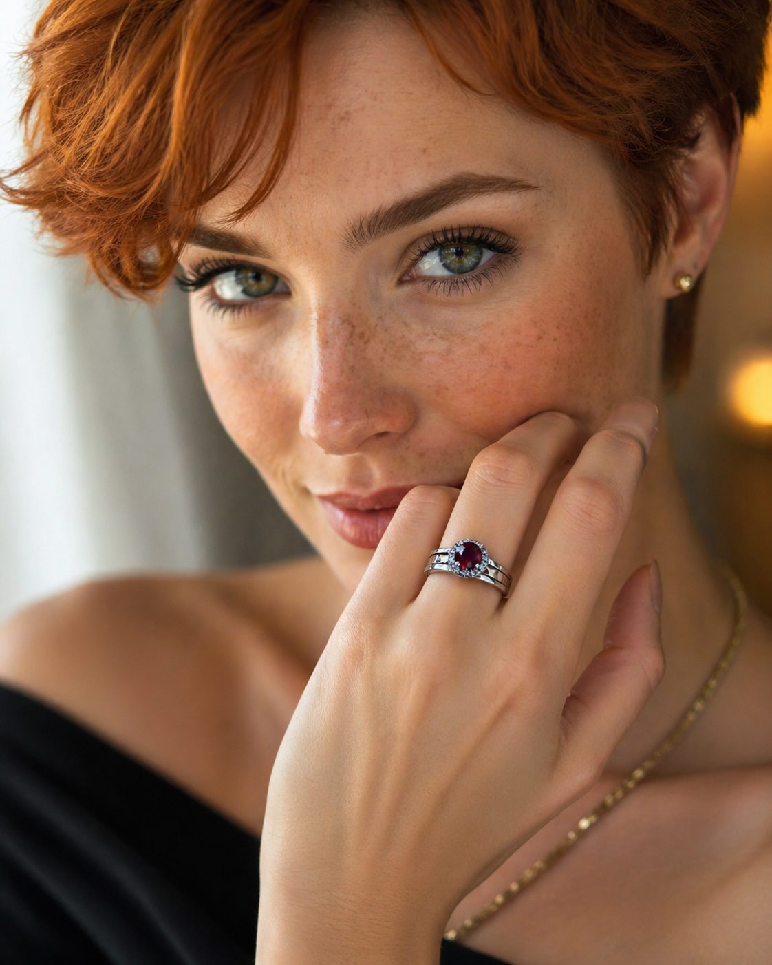 Woman wearing a luxury silver and gold ruby spinning ring