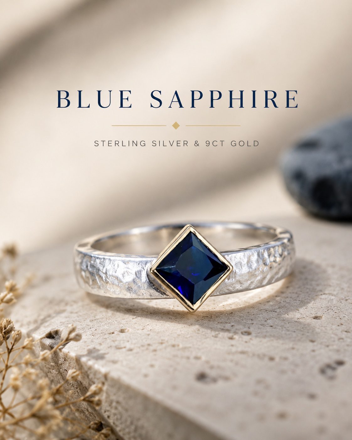 Handcrafted blue sapphire ring featuring a sterling silver shank and 9-carat gold setting, photographed to highlight the vivid oval sapphire and artisan craftsmanship.
