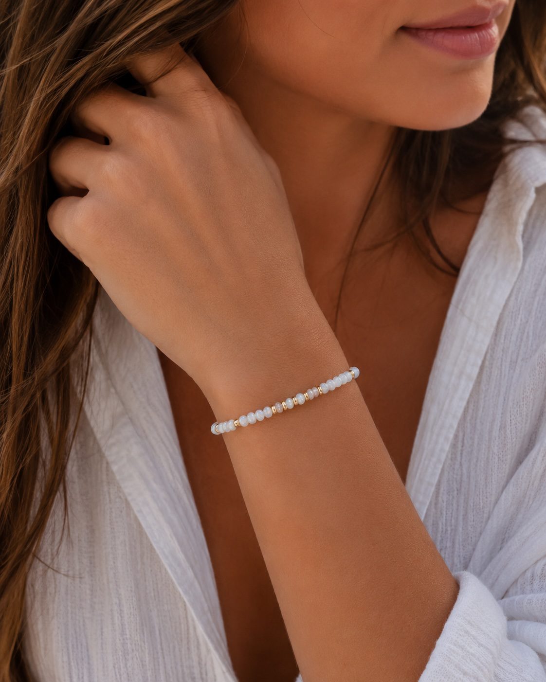 Pearl and moonstone bracelet with 14K gold fill beads