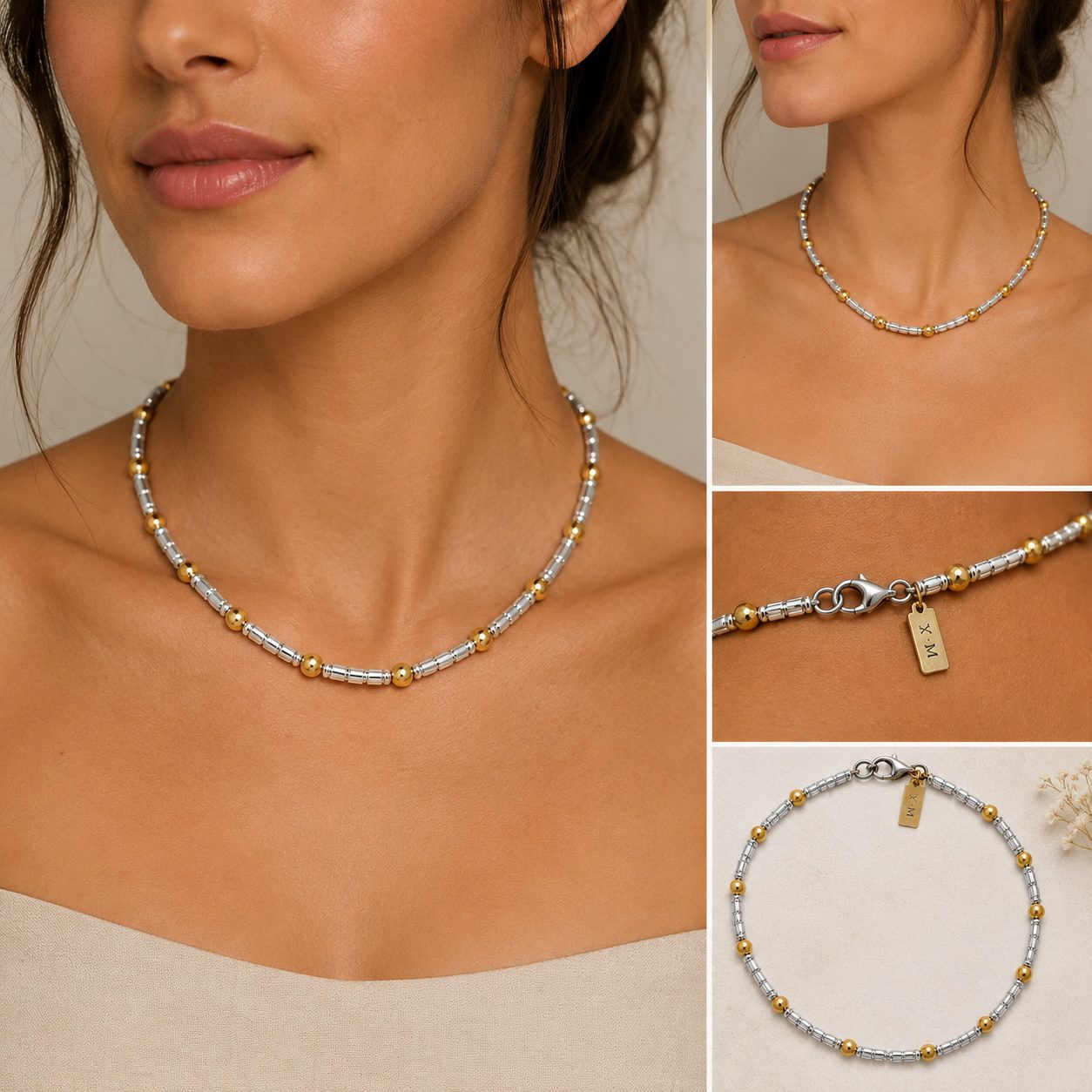 Luxury mixed metal beaded necklace in silver and gold tones