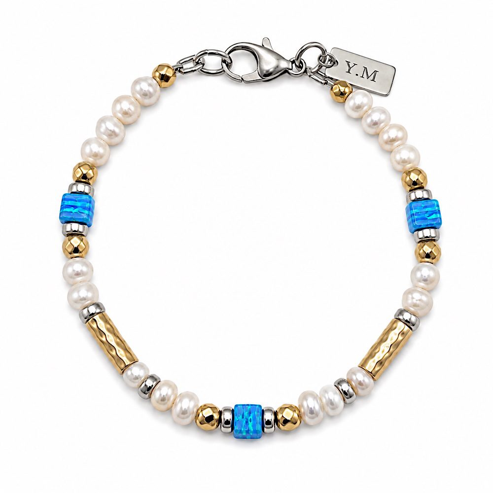 Handcrafted white pearl and blue opal bracelet by Yaron Morhaim
