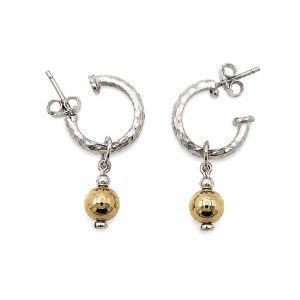 Handcrafted silver and gold drop earrings with hammered sterling silver texture