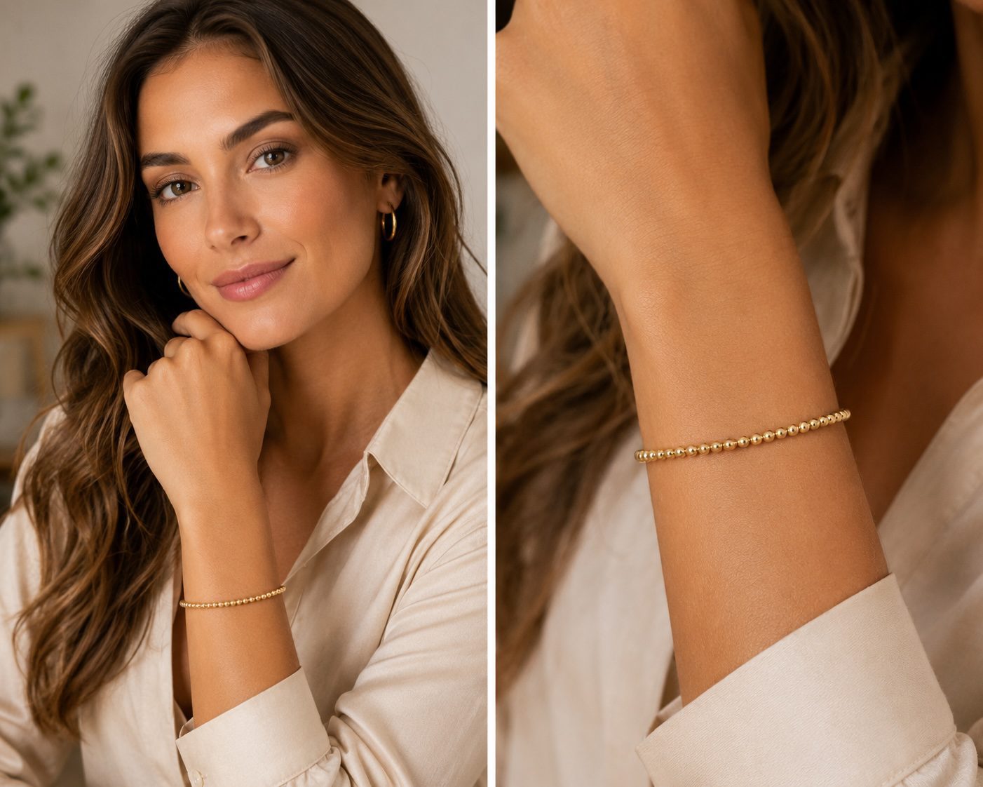 Woman wearing handcrafted gold sphere bracelet by Yaron Morhaim