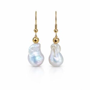 Close-up of Bianca natural white Baroque pearl drop earrings