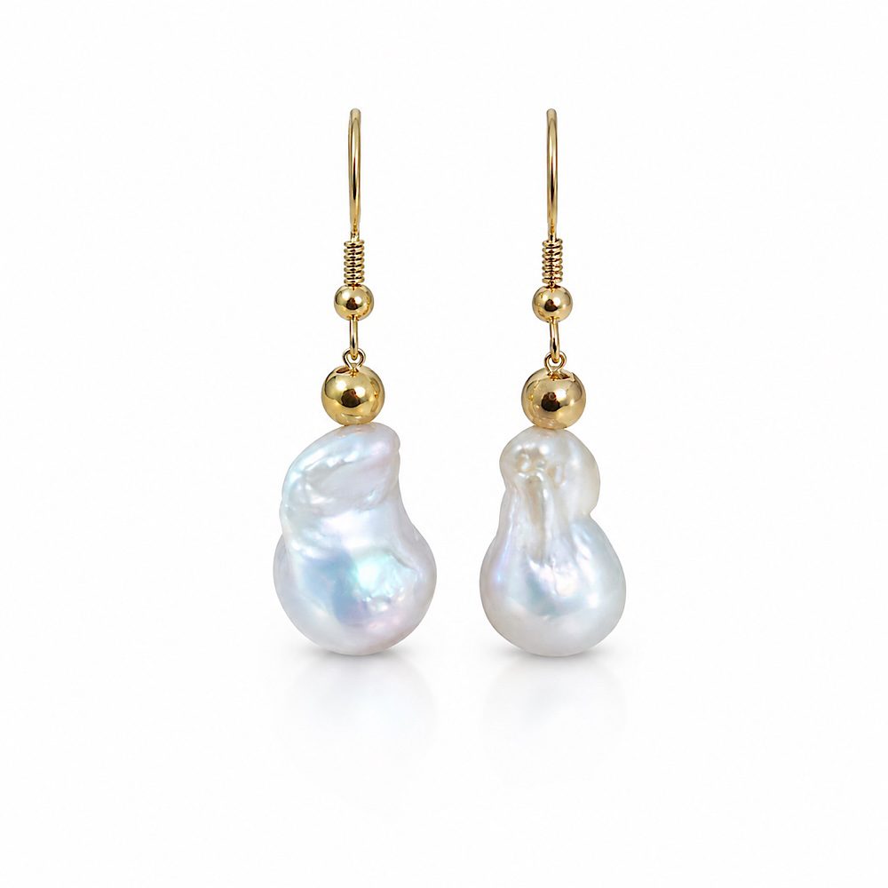 Close-up of Bianca natural white Baroque pearl drop earrings