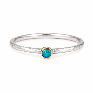 Handmade silver and gold opal ring with natural opal gemstone in mixed metal sterling silver design