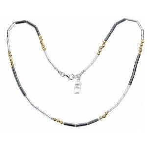 Oxidised silver and gold bead necklace with hammered silver details
