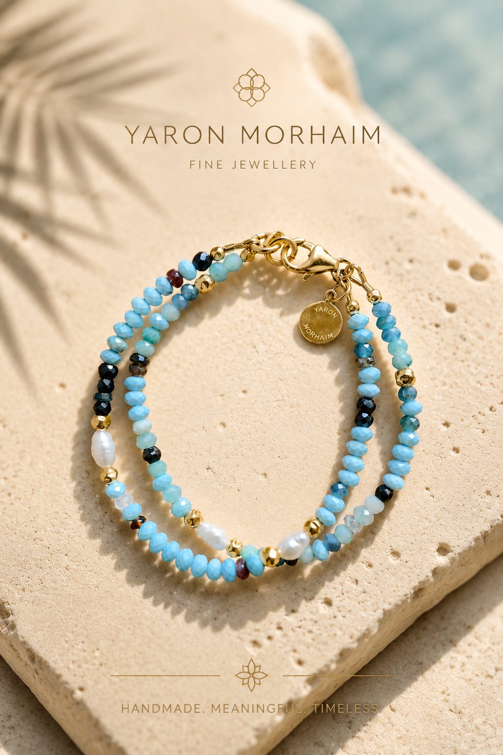 Gemlight Symphony double-strand gemstone bracelet featuring turquoise, amazonite, apatite, black spinel, tourmaline and baroque pearls with gold accents