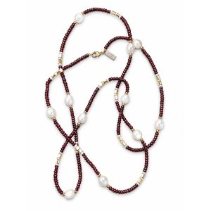 Handcrafted garnet pearl necklace with natural pearls and gold accents by Yaron Morhaim